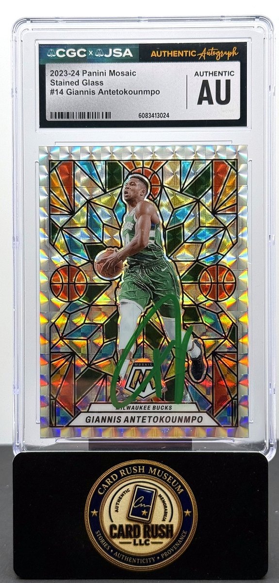 Giannis Antetokounmpo, 2023-24 Panini Mosaic Stained Glass #14, signed