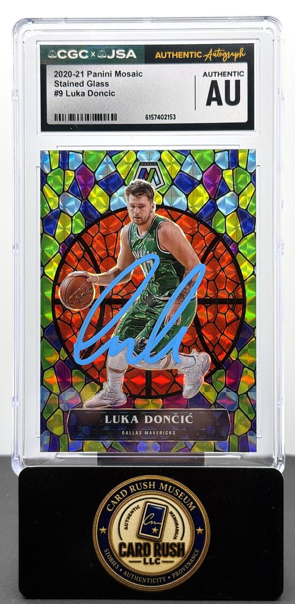 Luka Dončić, 2020-21 Panini Mosaic Stained Glass #9, signed